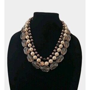 Stella & Dot Triple Strands Faux Glass  Pearl & Acrylic Brown Beads Necklace